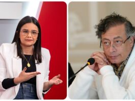Imagen comparativa de Angie Rodríguez denunciando corrupción y el presidente Gustavo Petro escuchando en una mesa de trabajo.