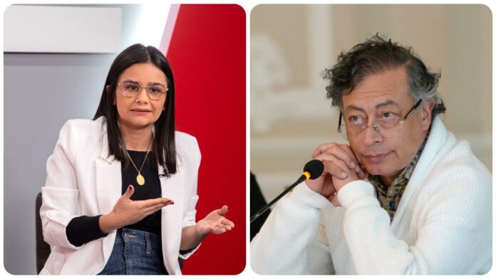 Imagen comparativa de Angie Rodríguez denunciando corrupción y el presidente Gustavo Petro escuchando en una mesa de trabajo.