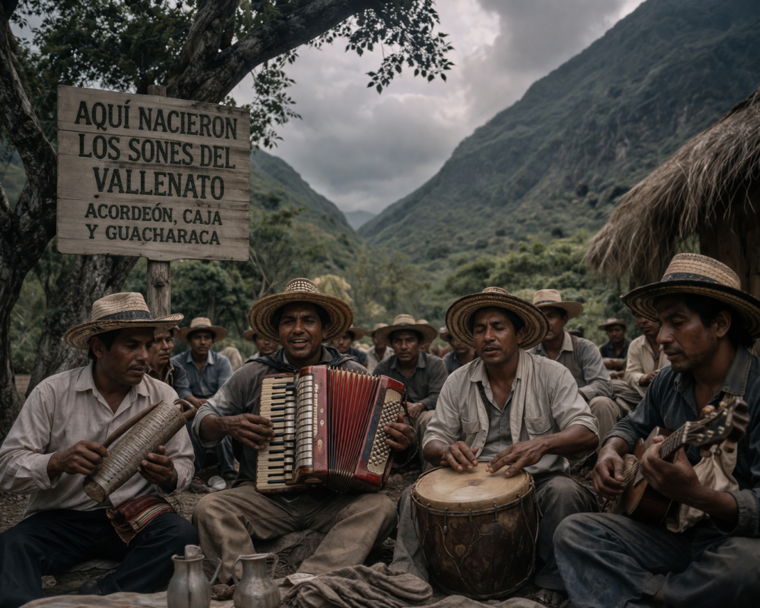 Grupo de campesinos con sombreros de paja tocando acordeón, caja, guacharaca y guitarra en un paisaje montañoso, junto a un letrero de madera que dice 