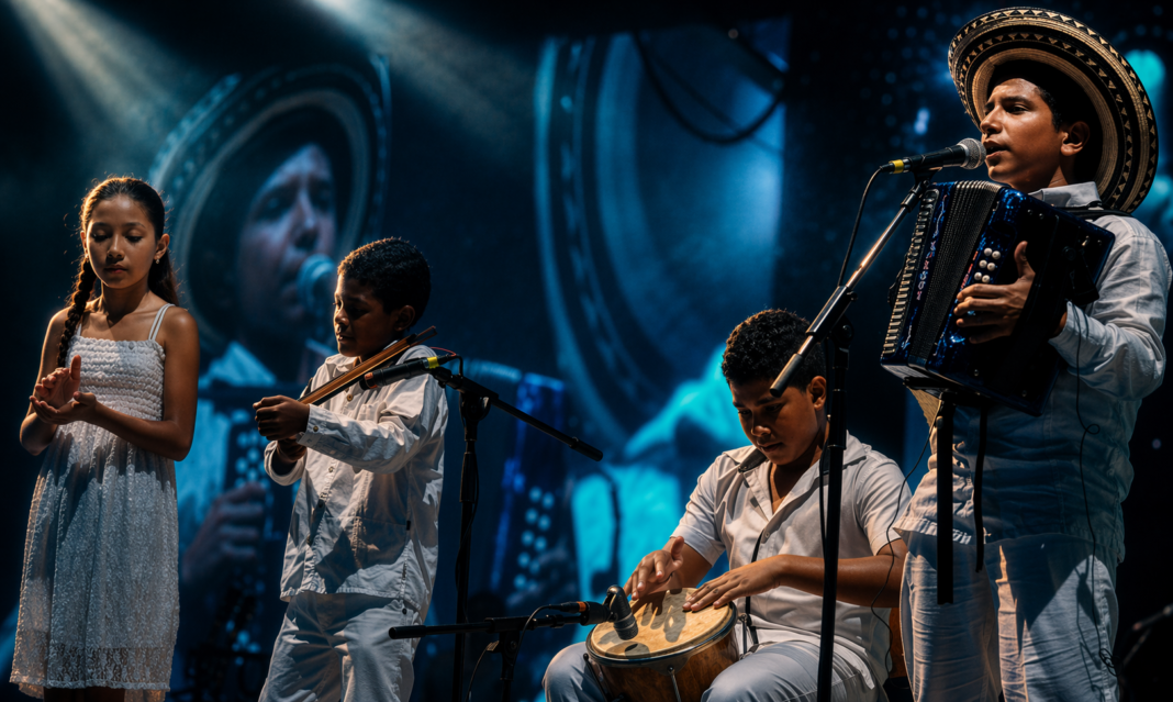 Cuatro niños talentosos interpretando música tradicional en un escenario iluminado; uno canta y toca el acordeón luciendo un sombrero vueltiao, acompañado por la percusión y las palmas de sus compañeros.
