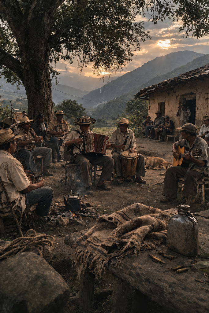Grupo de campesinos tocando acordeón, caja y guitarra en una parranda tradicional al atardecer en el patio de tierra de una casa rural, ilustrando el origen del vallenato.