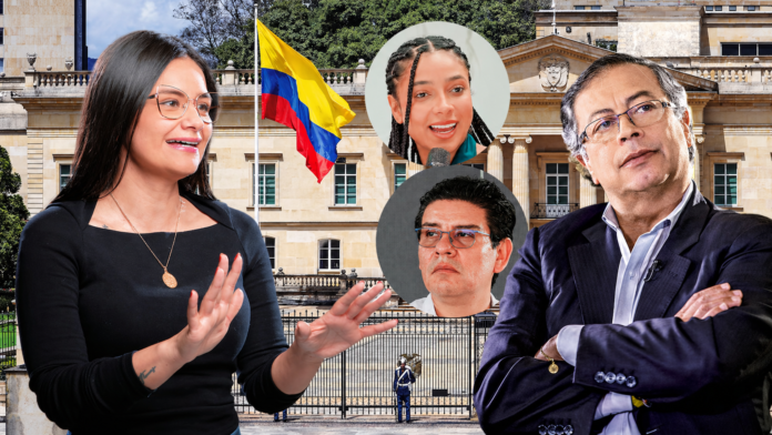 Composición política de Angie Rodríguez, Gustavo Petro, Juliana Guerrero y Augusto Rodríguez frente a la Casa de Nariño por escándalo de corrupción.
