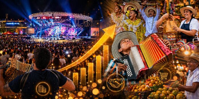 Gráfico de crecimiento económico y collage del Festival Vallenato 2026 en Valledupar con acordeoneros y comercio local.