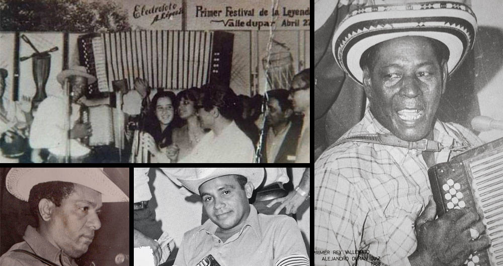 Collage fotográfico en blanco y negro del primer Festival de la Leyenda Vallenata en 1968, mostrando la tarima original y al juglar Alejandro Durán tocando el acordeón con un sombrero vueltiao.