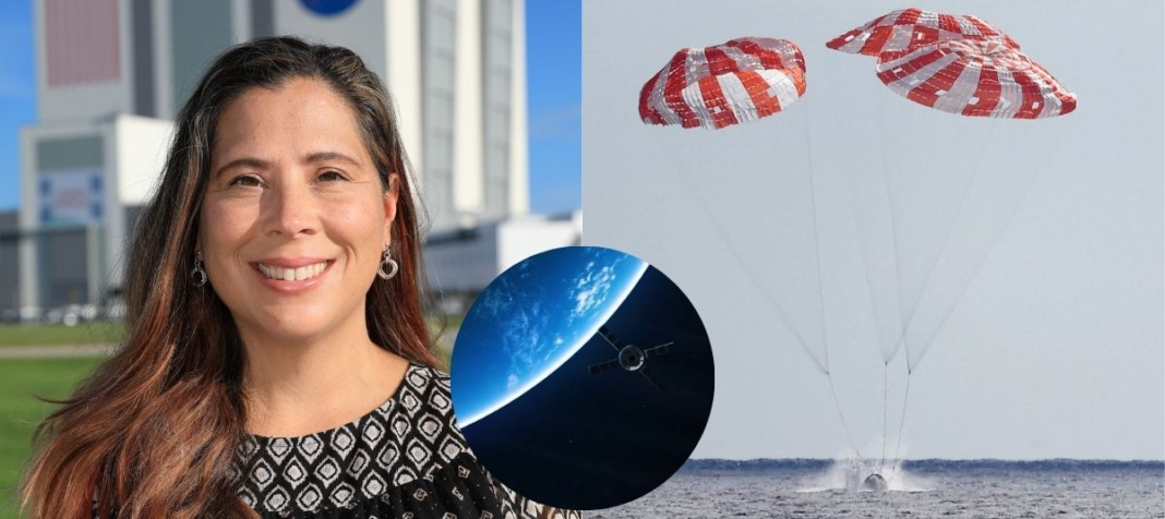 Composición que muestra a la ingeniera colombiana Liliana Villarreal a la izquierda, la cápsula Orion amerizando con paracaídas a la derecha, y una vista de la Tierra desde el espacio en el centro.