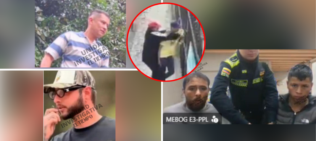 Collage investigativo que muestra varios rostros y momentos clave: en la parte superior izquierda, el presunto asesino; en el centro, una captura de video de seguridad resaltada en un círculo rojo que muestra el momento del ataque; abajo a la izquierda, una de las víctimas; y a la derecha, los dos trabajadores de producción escoltados por un policía durante su captura.