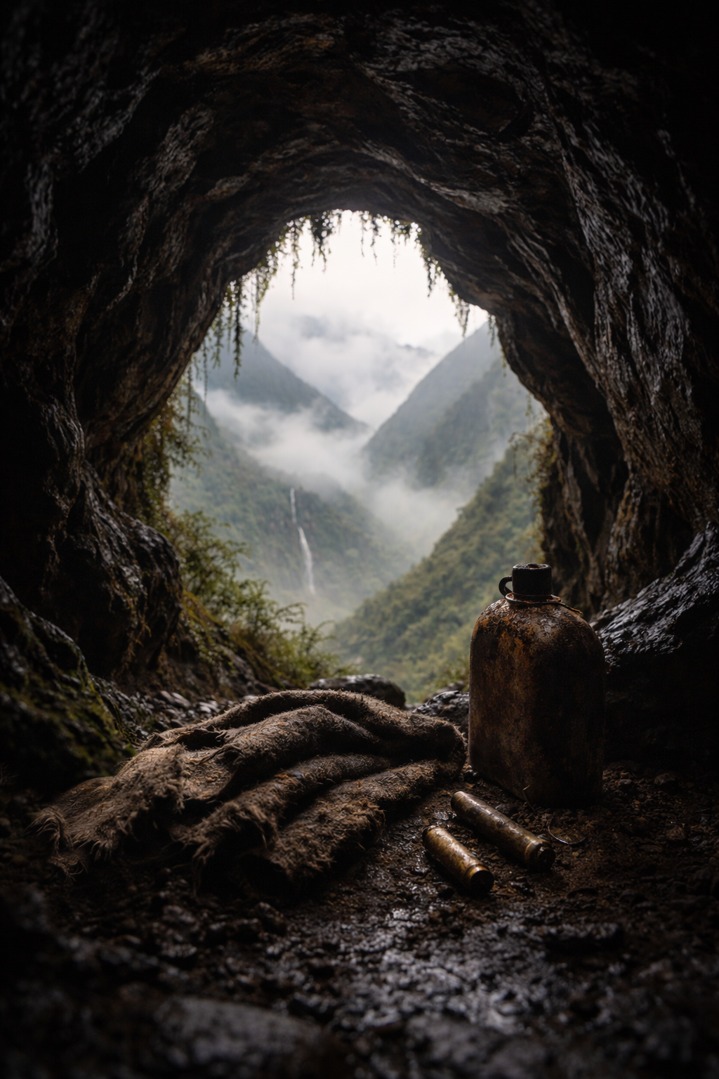 Vista desde el interior oscuro de una cueva hacia un paisaje montañoso andino cubierto de niebla. En el suelo húmedo del primer plano hay una vieja ruana doblada, una cantimplora oxidada y dos casquillos de bala percutidos.