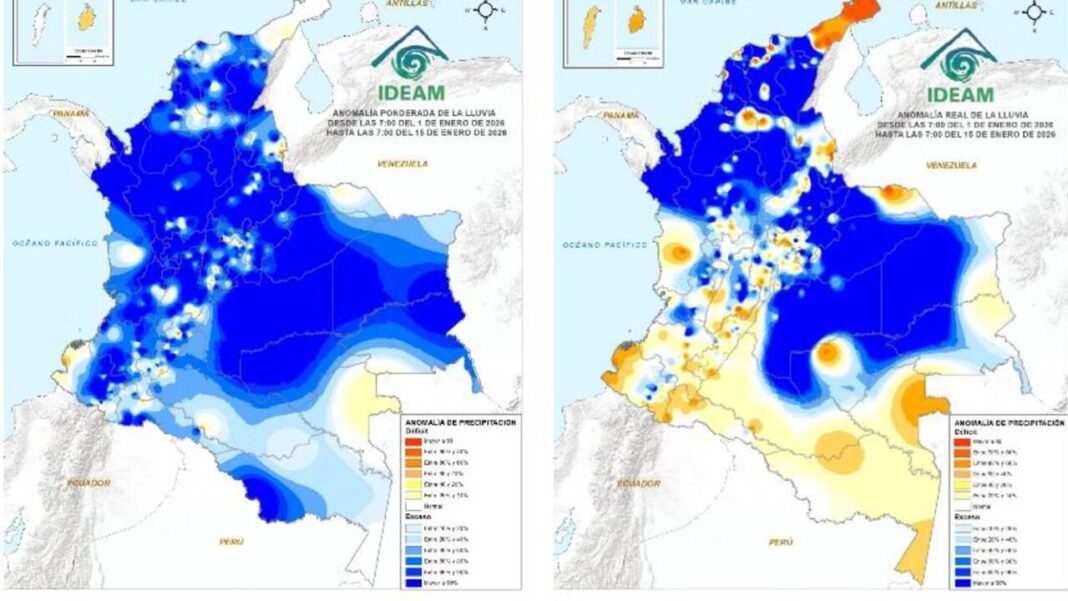 Dos mapas meteorológicos de Colombia del IDEAM que muestran las anomalías de lluvia y precipitación en el territorio nacional durante el inicio de 2026.