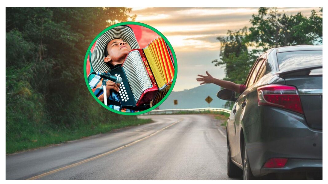 Carro en carretera rumbo a Valledupar y acordeonero vallenato representando el viaje terrestre al Festival Vallenato 2026