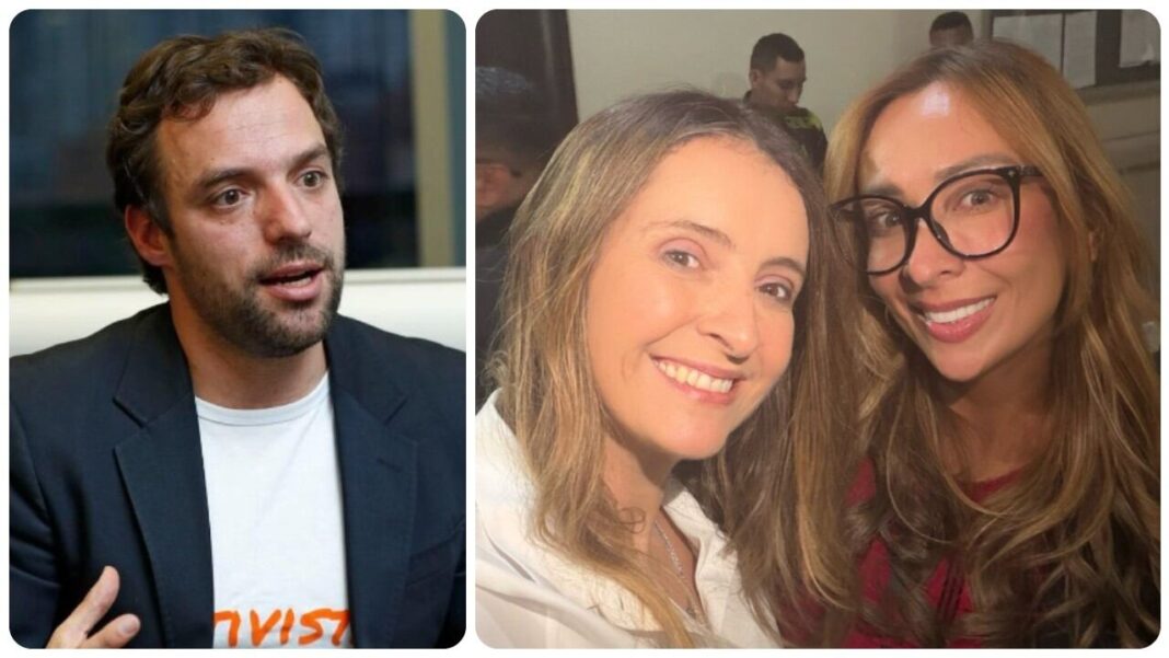 Composición que muestra a Luis Ernesto Gómez hablando a la izquierda, y a la derecha una selfi sonriente de las congresistas Paloma Valencia y Katherine Miranda en los pasillos del Congreso.