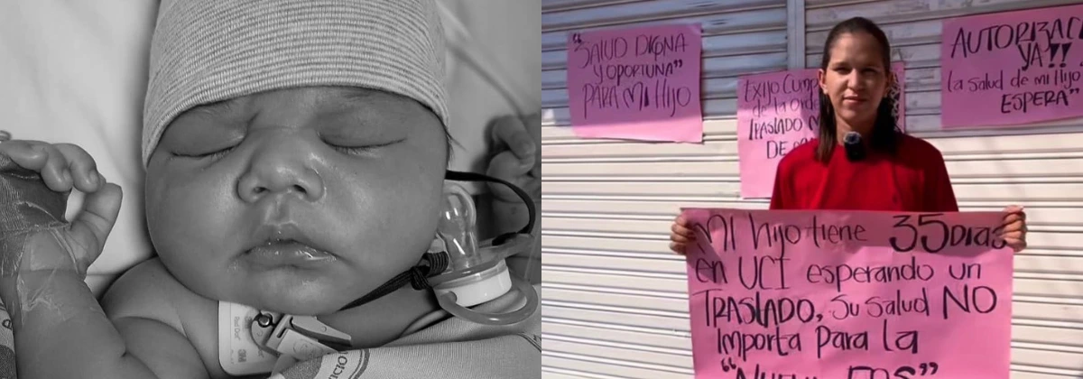 El bebé Isaías David y la súplica de su madre a la Nueva EPS Composición fotográfica dividida en dos partes: a la izquierda, el rostro en blanco y negro del bebé recién nacido Isaías David; a la derecha, su madre Keila Vargas sosteniendo un cartel rosado de protesta contra la Nueva EPS exigiendo su traslado médico.