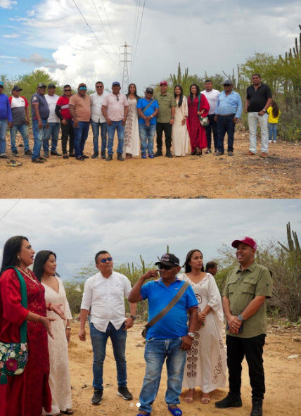 Autoridades locales y líderes comunitarios recorren el sector de Jamuchen en Uribia para definir la ubicación de la nueva subestación móvil de energía.