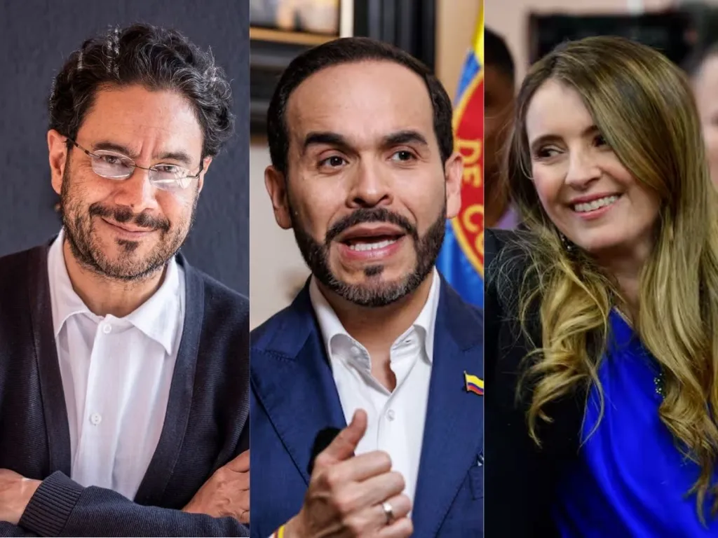 Fotomontaje de collage dividido en tres paneles: a la izquierda, Iván Cepeda con tapabocas; en el centro, Abelardo De la Espriella señalando eufórico; y a la derecha, Paloma Valencia con tapabocas blanco, los tres rostros clave del inevitable choque político.