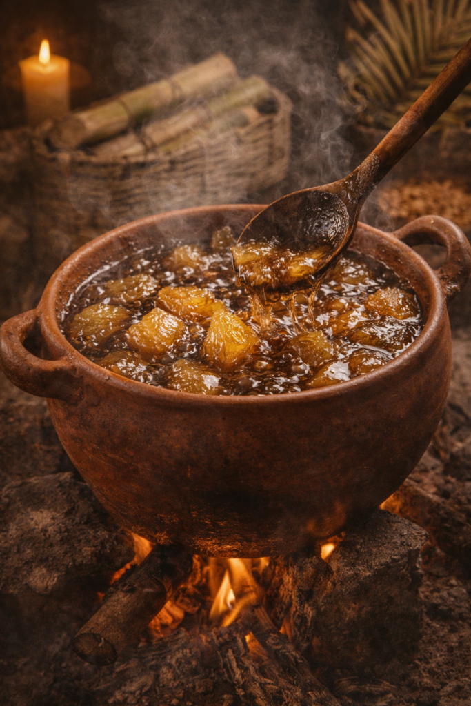 Preparación artesanal de dulce de Semana Santa en Valledupar. Trozos de fruta hirviendo en almíbar de panela dentro de una olla de barro sobre un fogón de leña, revueltos con una cuchara de palo.