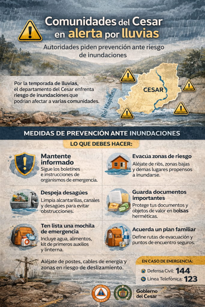 Infografía de prevención de inundaciones en el Cesar con recomendaciones para lluvias intensas