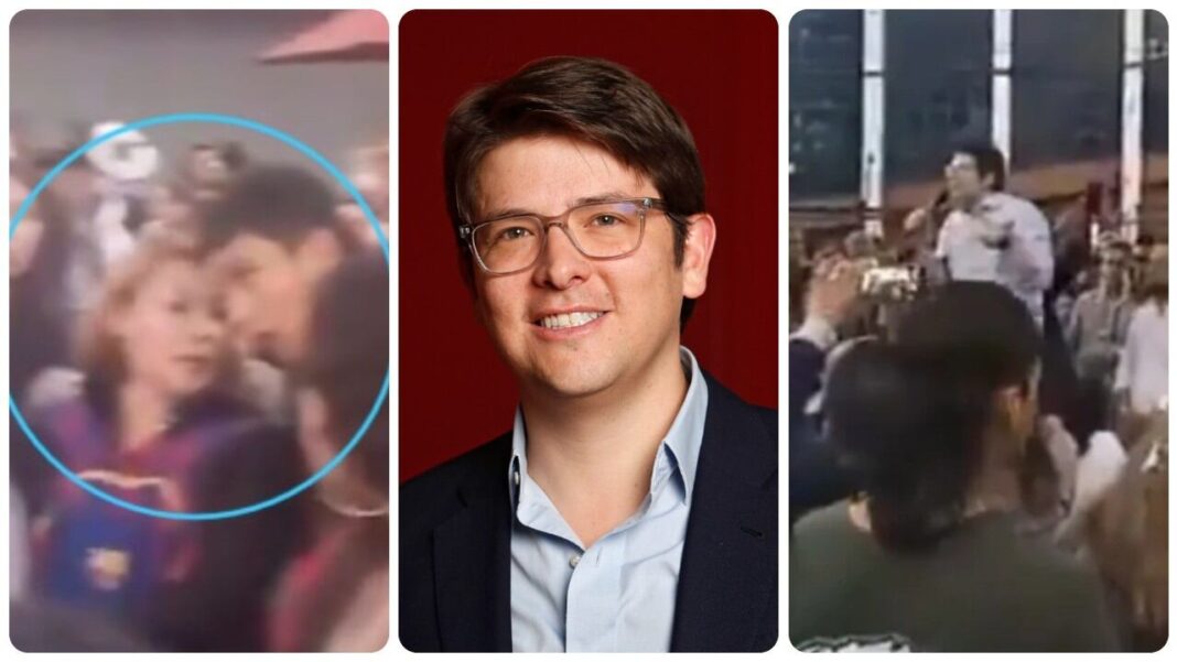 Tríptico visual complejo que une tres imágenes: en el centro, un retrato formal y sonriente del senador y precandidato presidencial Miguel Uribe Turbay (con gafas, camisa azul y chaqueta de traje); a la izquierda y derecha, dos tomas granuladas y borrosas de cámaras de seguridad del parque El Golfito en Engativá, mostrando multitudes, con un joven (el menor asesino) resaltado por un círculo cian en el panel izquierdo y otra figura en el derecho, sugiriendo los momentos previos al magnicidio.