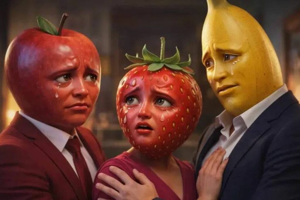 Tres personajes con cabezas de frutas (manzana, fresa y plátano) humanizados con IA, vistiendo ropa elegante y llorando en una escena dramática de telenovela.