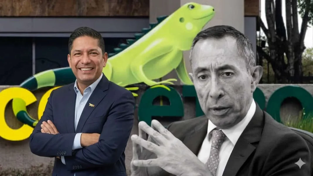 Montaje fotográfico que muestra a Juan Carlos Hurtado, presidente encargado de Ecopetrol, sonriendo a la izquierda, y a Ricardo Roa en blanco y negro a la derecha, con el logo de la iguana de Ecopetrol al fondo.