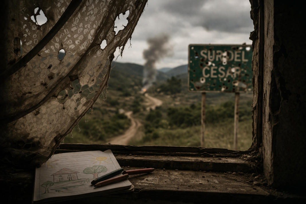 Ventana destruida con vista a una zona rural del sur del Cesar afectada por el conflicto armado