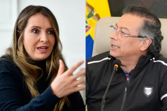 Comparativa entre Angie Rodríguez denunciando corrupción y el presidente Gustavo Petro escuchando en una mesa de trabajo.