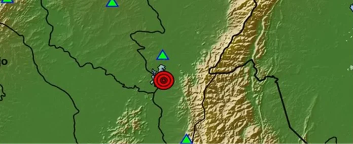 Mapa satelital del departamento del Cesar con un círculo rojo concéntrico indicando el epicentro del sismo en el municipio de Chimichagua.