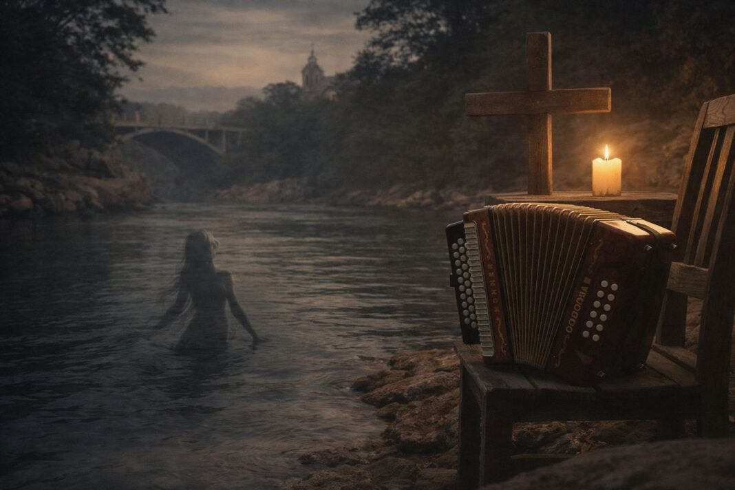 Representación mística de los mitos de Semana Santa en Valledupar, mostrando la silueta de la Sirena del Guatapurí en el río, junto a un acordeón silenciado y una cruz de madera en la orilla.