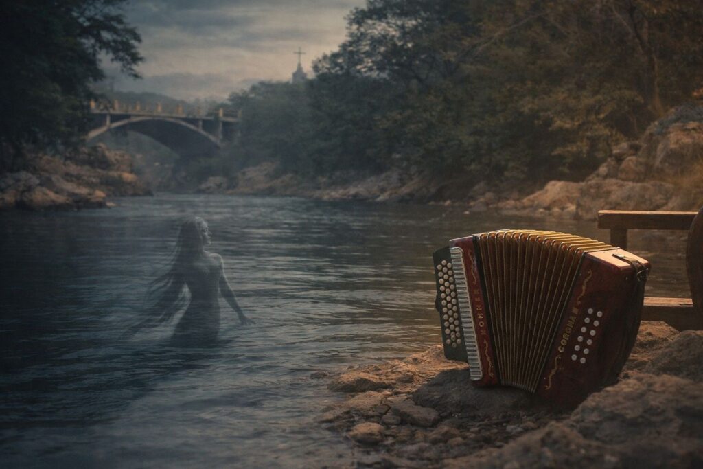 Figura espectral de la Sirena en las aguas del río Guatapurí frente a un acordeón en la orilla, ilustrando los mitos de Semana Santa en Valledupar.