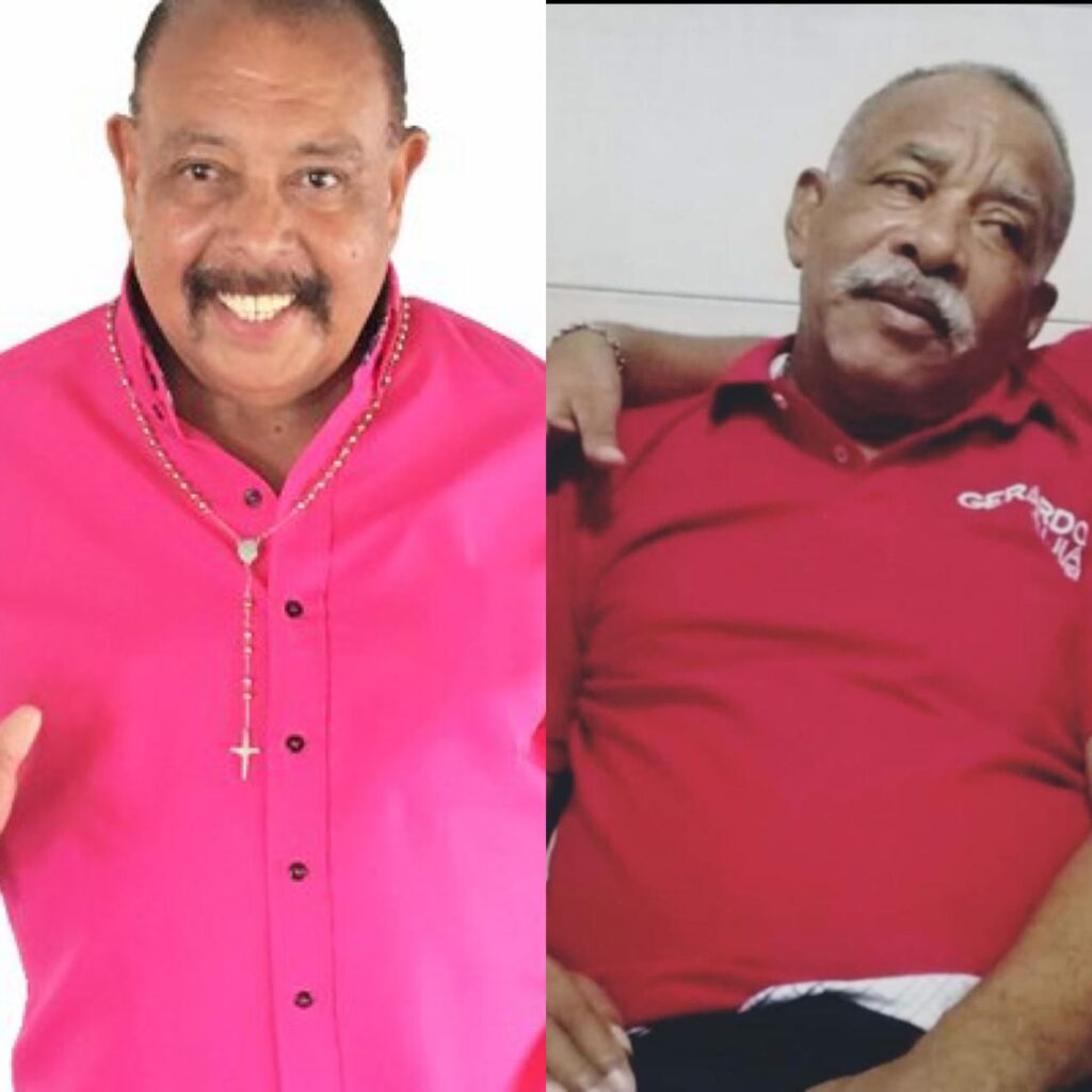 Imagen comparativa: a la izquierda el cantante Juan Piña con camisa fucsia y a la derecha el comerciante Henry Mejía con camisa roja, mostrando su gran parecido físico.