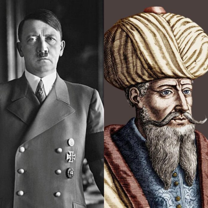 Fotomontaje dividido que muestra a la izquierda una fotografía en blanco y negro del dictador Adolf Hitler, y a la derecha una ilustración histórica a color del profeta Mahoma, ilustrando la coincidencia de sus nacimientos.