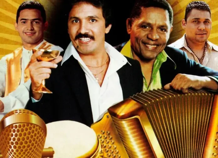 Collage histórico del Binomio de Oro de América mostrando en primer plano a Rafael Orozco con una copa dorada y a Israel Romero tocando el acordeón, acompañados de otros cantantes históricos.