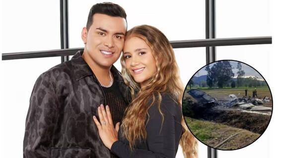 Fotografía del fallecido cantante Yeison Jiménez sonriendo junto a su esposa Sonia Restrepo, con un recuadro circular que muestra el lugar del trágico accidente aéreo.