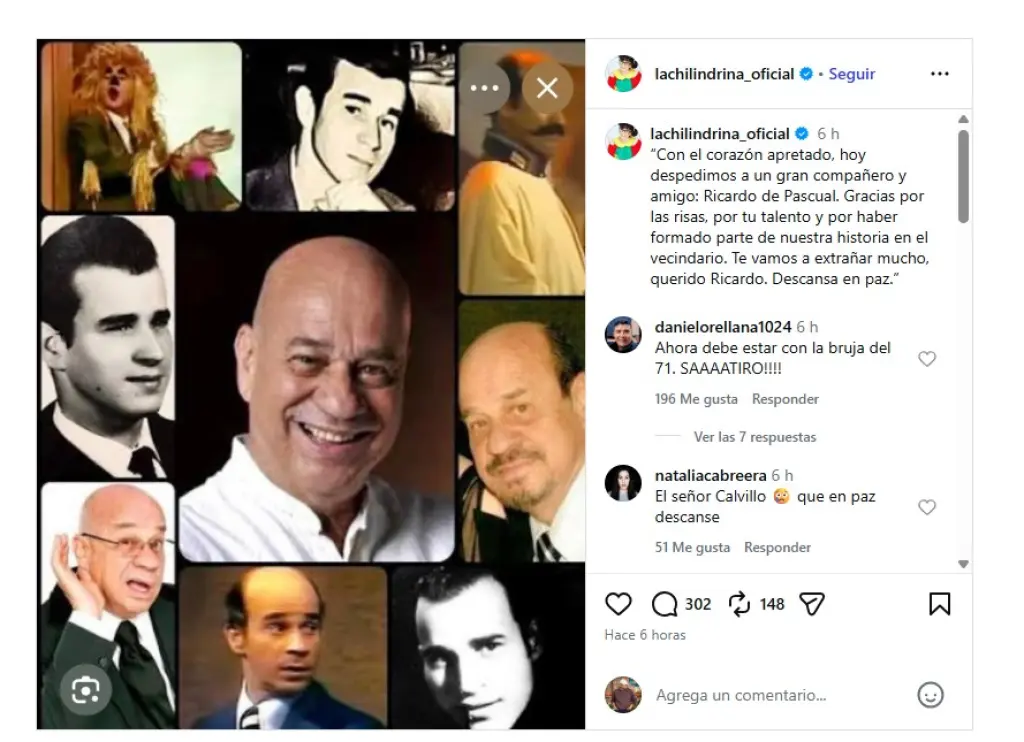Publicación de La Chilindrina despidiendo al actor Ricardo de Pascual con fotos de sus personajes en El Chavo del 8.