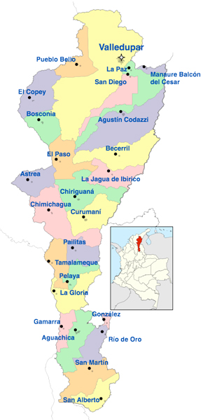 Mapa del departamento del Cesar con sus municipios como referencia en la revisión del cobro por uso de agua en la región