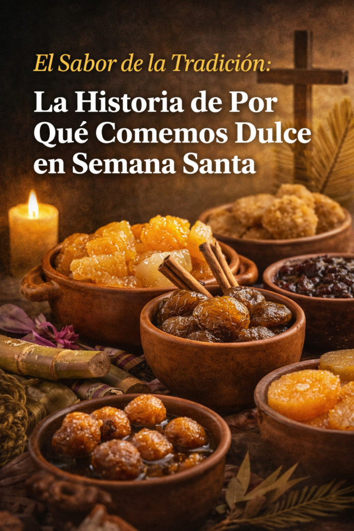 Mesa rústica con vasijas de barro llenas de dulces tradicionales de Semana Santa, acompañadas de canela, caña de azúcar, una vela y una cruz al fondo. Texto en la imagen: El Sabor de la Tradición: La Historia de Por Qué Comemos Dulce en Semana Santa.