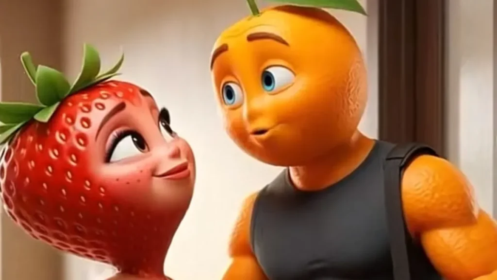 Tres personajes con cabezas de frutas (manzana, fresa y plátano) humanizados con IA, vistiendo ropa elegante y llorando en una escena dramática de telenovela.