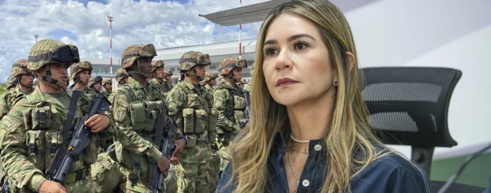 Gobernadora del Cesar junto a imagen de soldados del Ejército durante solicitud de refuerzo en seguridad.