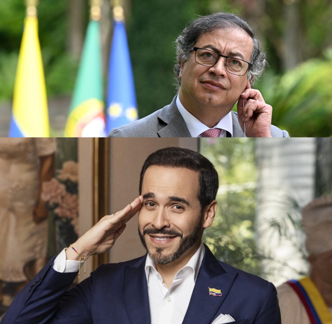 Collage fotográfico vertical: en la parte superior, el presidente Gustavo Petro con gesto serio; en la parte inferior, el candidato presidencial Abelardo de la Espriella sonriendo y haciendo un saludo militar.