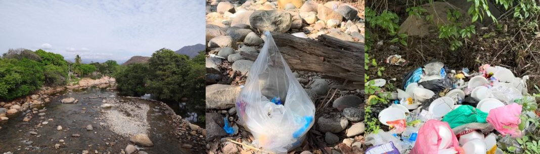 Collage fotográfico del río Badillo en Valledupar: a la izquierda el paisaje natural del afluente, y en el centro y la derecha, montañas de basura, bolsas y platos de icopor dejados por los turistas en Semana Santa.