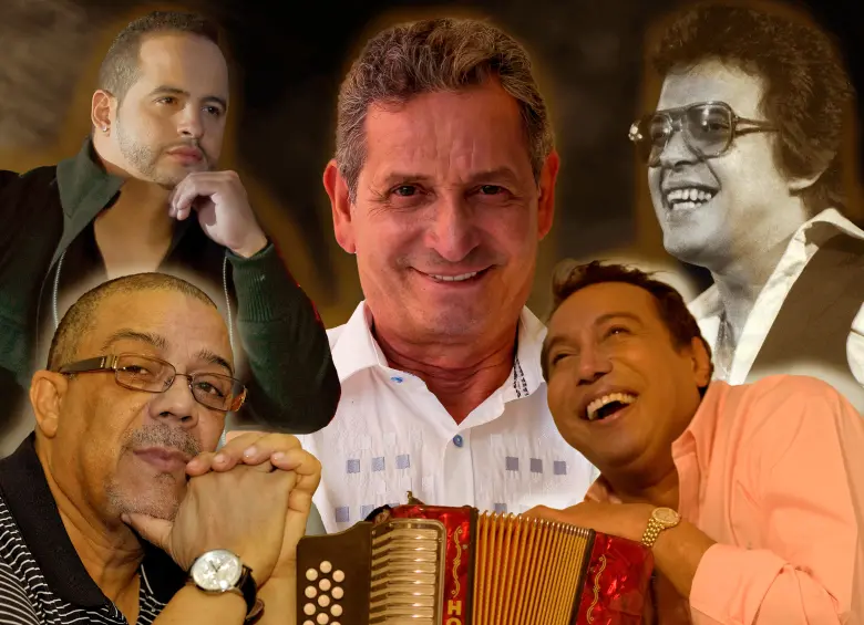 Collage fotográfico de ídolos de la música colombiana como Darío Gómez, Diomedes Díaz, Joe Arroyo y Nelson Velásquez, ilustrando el escándalo de los cantantes vinculados a parrandas clandestinas en cárceles.