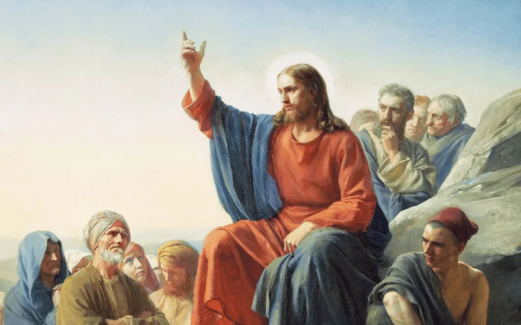 Pintura clásica de Jesús de Nazaret predicando a sus discípulos y seguidores durante el relato bíblico del Sermón del Monte.