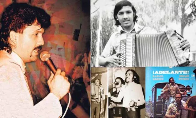 Fotografía antigua del cantante vallenato Rafael Orozco sonriendo junto a su esposa Clara Elena Cabello y sus tres hijas, Kelly, Wendy y Loraine, posando al aire libre.