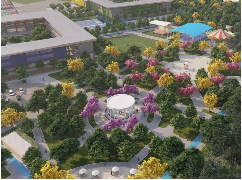 Render urbanístico del Bosque Tropical Seco en Valledupar, mostrando senderos peatonales, una glorieta blanca central y árboles con follaje amarillo y rosado.