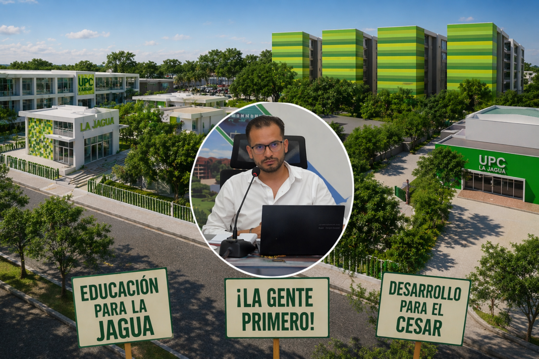Imagen de la sede de la Universidad Popular del Cesar en La Jagua con retrato central de un funcionario, representando el conflicto entre el Gobierno nacional y la Gobernación del Cesar por el proyecto educativo.