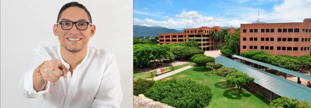 Composición fotográfica que muestra a la izquierda a Guillermo Echavarría Gil señalando al frente y a la derecha una vista aérea del campus principal de la Universidad Popular del Cesar.