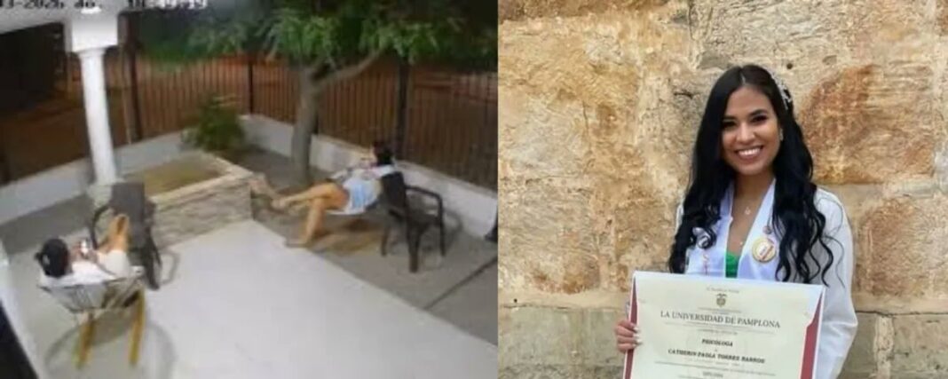 Collage dividido en dos paneles: a la izquierda, una toma de cámara de seguridad que muestra a Catherine Paola Torres Barros sentada en la terraza de su casa momentos antes del atentado; a la derecha, una foto de ella sonriendo el día de su graduación como psicóloga de la Universidad de Pamplona, sosteniendo su diploma.