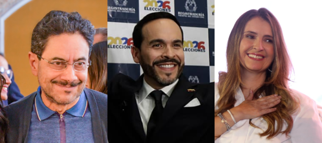 Fotomontaje de los candidatos presidenciales Iván Cepeda, Abelardo De la Espriella y Paloma Valencia sonriendo durante la campaña.