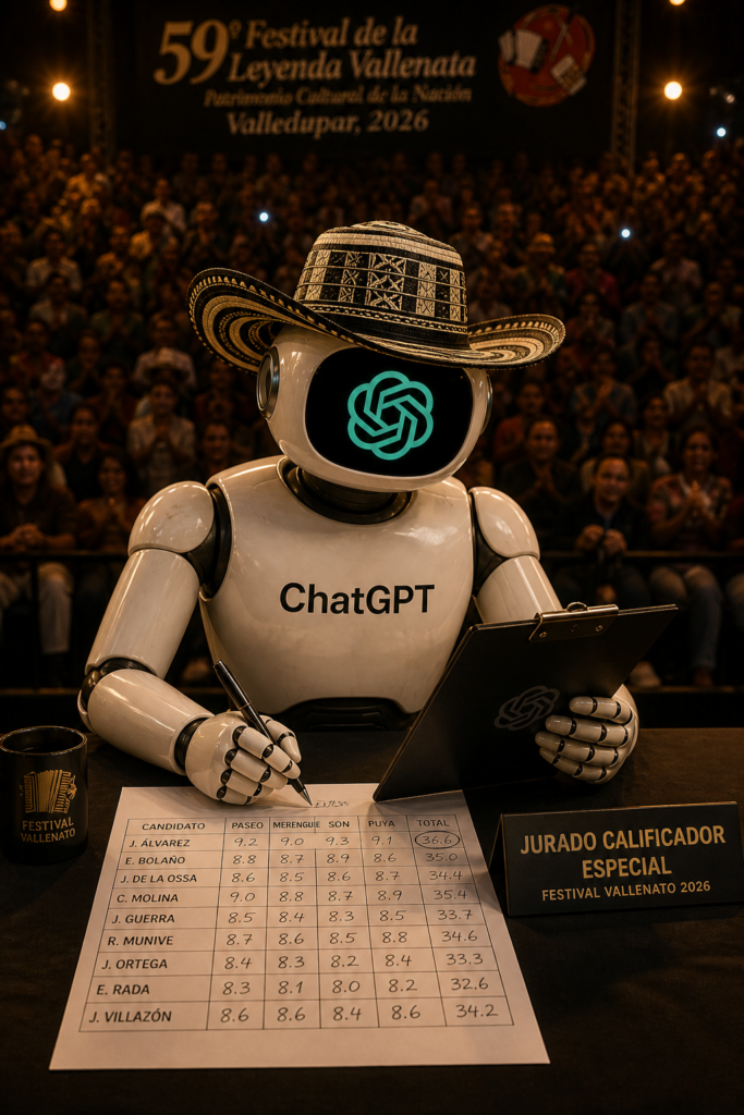 Ilustración de un robot con sombrero vueltiao actuando como jurado calificador del Festival Vallenato 2026 con una tabla de puntajes.