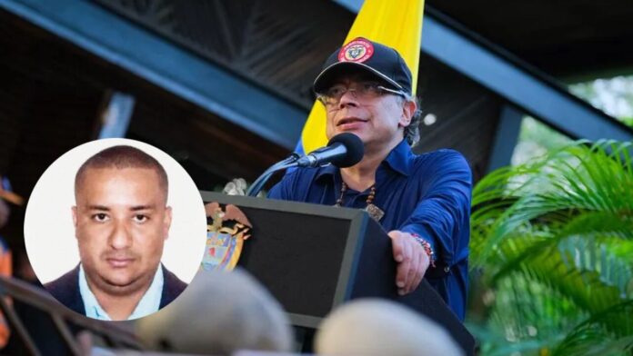 Composición que muestra al presidente Gustavo Petro en un discurso y el retrato de alias 'Chiquito Malo', cabecilla del Clan del Golfo.