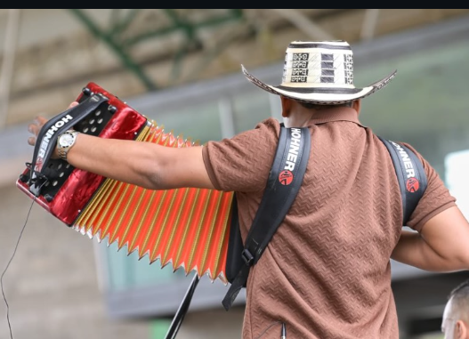 Acordeonero profesional de espaldas con sombrero vueltiao y acordeón rojo compitiendo en la final del Festival Vallenato 2026.