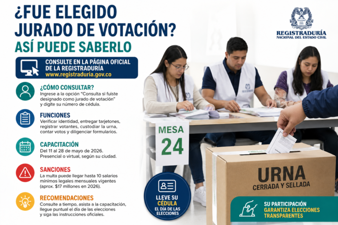 Infografía sobre cómo consultar si fue elegido jurado de votación en Colombia para las elecciones presidenciales.